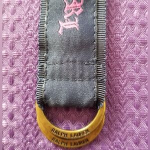Ralph Lauren Blue Belt with Gold Buckle and Pink Embroidery